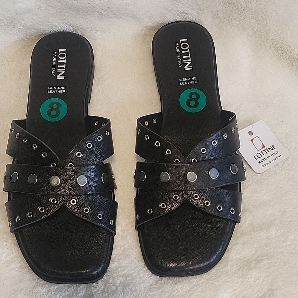LOTTINI Made In Italy Black Multi-Band Silvertone Stud 1" Heel Flat Sandals Sz 8